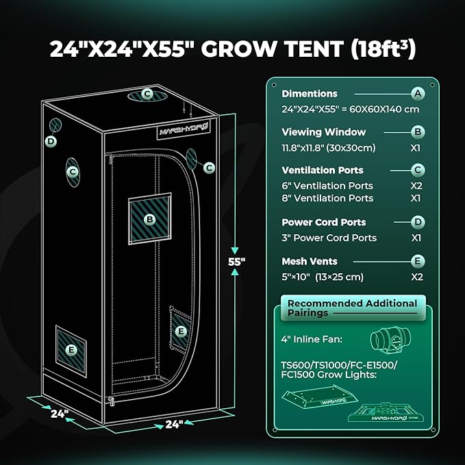 MARS HYDRO 2x2 Advanced Grow Tent, 24"x24"x55" High Reflective Mylar 1680D for Hydroponics Indoor Plant Growing, with Observation Window,Floor Tray and Smooth Zipper for TS600/TS1000 - Image 9
