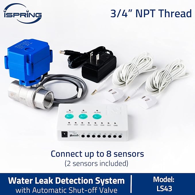 iSpring LS43 Water Leak Detector Alarm System, Automatic Shut-Off Valve and 2 Detection Sensors, Connects Up to 8 Sensor to Prevent Flooding, 3/4" NPT - Image 3