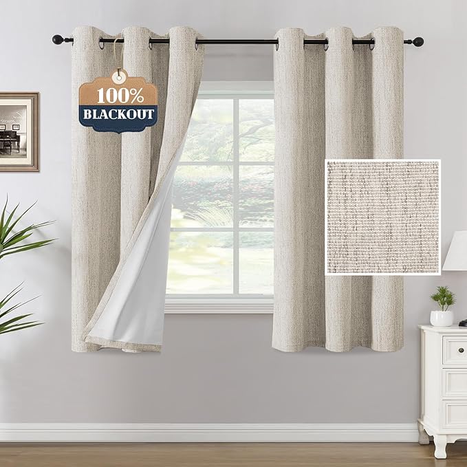H.VERSAILTEX Chenille Linen Blackout Curtains for Bedroom Thermal Insulated Textured Linen Look Curtains with White Flocking Coating Back, 42" W x 63" L, Heathered Natural(Not Solid) by HVERSAILTEX