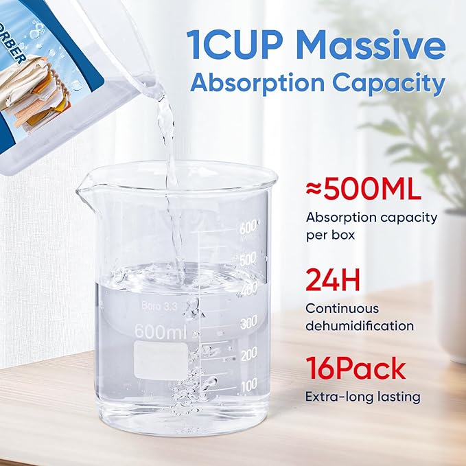 16 Pack Moisture Absorbers, 10.6 OZ Humidity Absorber Bucket, Moisture Absorbers for Closet, Dehumidifier Bucket for Wardrobes, Kitchens and Bathrooms, Fragrance Free Humidity Absorber - Image 5