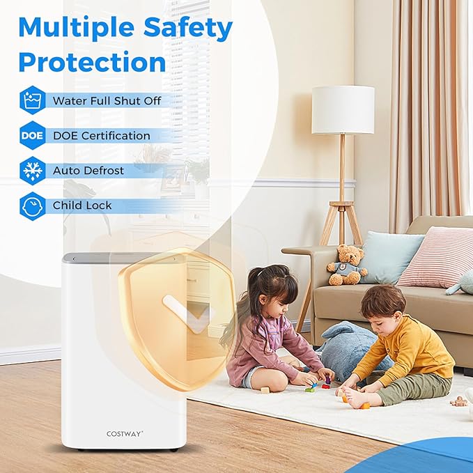 COSTWAY 52 Pint Dehumidifier for Basement, 3.3 FT Drain Hose, Clothes Drying Modes, Auto Defrost, Child Lock & 24H Timer, Home Dehumidifier for Bedroom, Bathroom, Garage - Image 6