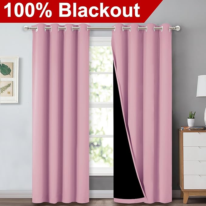 NICETOWN Crystal Pink Full Shade Curtain Panels, Pair of Energy Smart & Noise Blocking Out Blackout Drapes for Dining Room Window, Thermal Insulated Guest Room Lined Window Dressing, 52 x 84 inch - Image 2