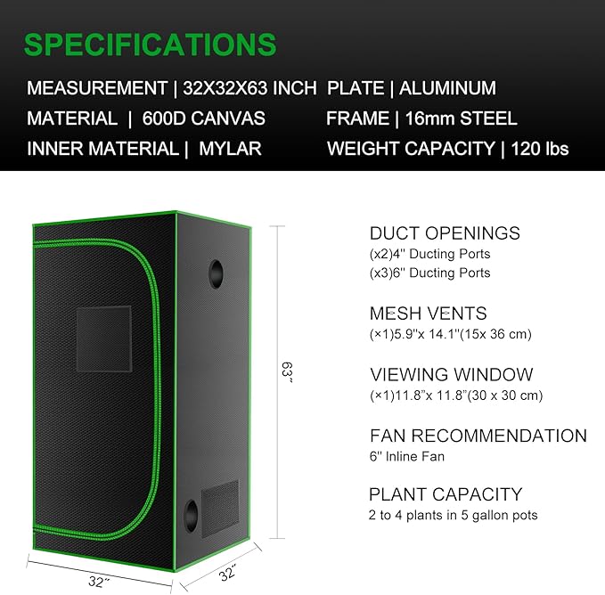 MELONFARM 32"x32"x63'' Grow Tent, High Reflective 600D Diamond Mylar Canvas with Observation Window and Floor Tray for Hydroponic Indoor Plant Growing - Image 7