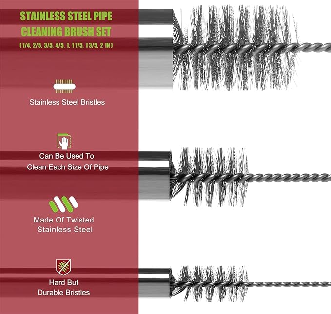 Pipe Cleaning Brush Set Stainless Steel Bristles, Stainless Steel Pipe Brush Steel Bottle Brush 9 Piece Variety Pack for Auto Parts, Bottles, Tubes, Etc. - Image 4