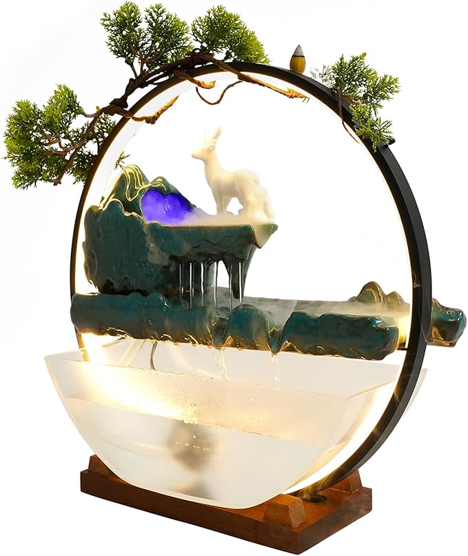 Tabletop Decoration Water Fountains Indoor Waterfall Fountains Humidifie with LED Light and Atomizer, Japanese Zen Decor for Meditation Fake Plants Bonsai Gift Feng Shui Decor by kunghei