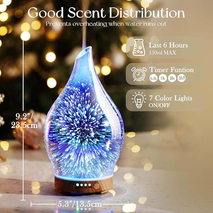 Porseme Oil Diffuser 3D Glass Aromatherapy Ultrasonic Humidifier, Air Refresh Auto Shut-Off, Timer Setting, BPA Free for Home Hotel Yoga Leisure SPA Gift 150ml Last 6H - Image 3