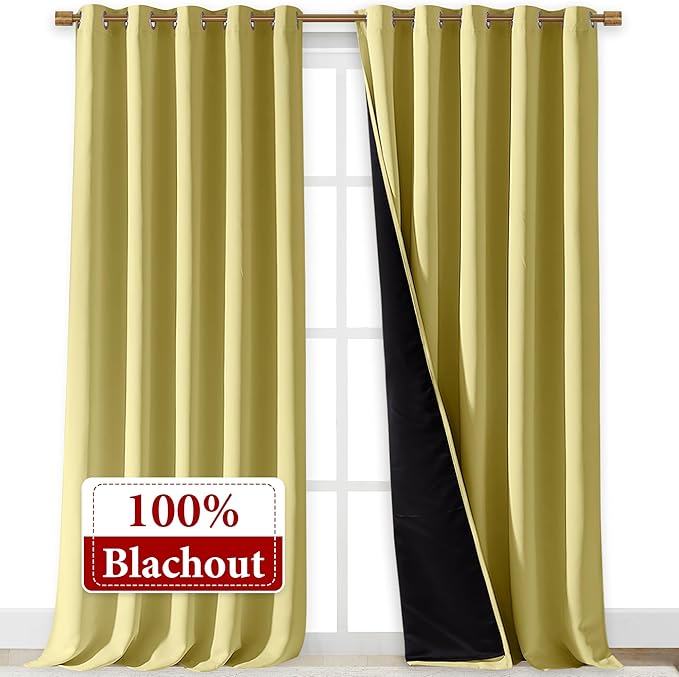 NICETOWN 100% Blackout Blinds, Laundry Room Decor Window Treatment Curtains for Large Patio Sliding Door, Thermal Insulated Paler Yellow Curtains for Bedroom, Set of 2, 70 inches x 108 inches - Image 2