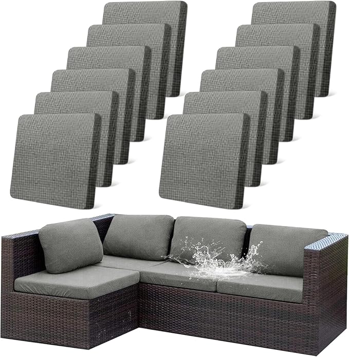 12Pcs Outdoor Stretch Cushion Covers,Waterproof Outdoor Chair Cushion Covers for Patio Furniture, Washable Jacquard Couch Covers Replacement for Patio Furniture(Grey, Cover Only) by CALBODE