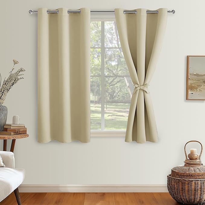 Hiasan Short Blackout Curtains for Bedroom - Thermal Insulated & Light Blocking Window Curtains for Living Room, 2 Drape Panels Sewn with Tiebacks, Light Beige, 42 x 45 Inch - Image 2