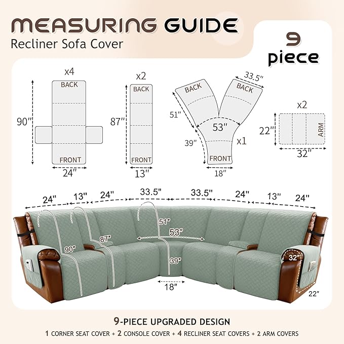 Arfntevss Waterproof Recliner Sectional Couch Covers for Reclining L Shape Sofa Cover Non Slip Washable L Shaped Slipcover Sets for Dog Furniture Protector (5 Seat with 2 Console Cover, Sage Green) - Image 5