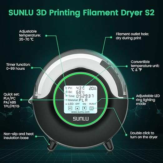 SUNLU Official Filament Dryer S2, 70℃ Max Temperature, Built-in Circulation Fan, 3D Printer Filament Storage Box Filament Dehydrator, Nylon TPU PLA PETG ABS 3D Printer Filament Dryer Box (Black) - Image 5