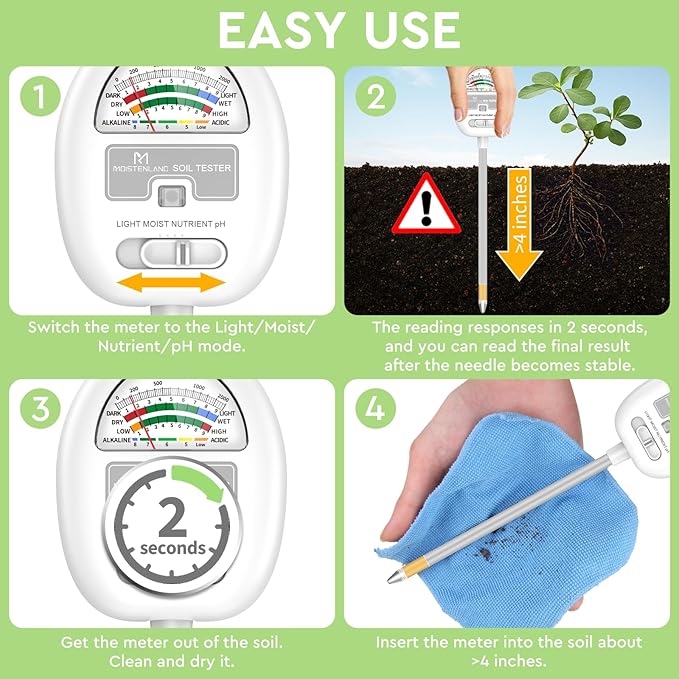 [Upgraded] Soil Moisture Meter, 4-in-1 Soil pH Tester, Moisture/Light/Nutrients/pH Meter for Gardening, Lawn, Farming, Indoor & Outdoor Plants Use, No Batteries Required, Gifts for Plants Lover - Image 8
