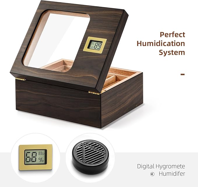 Cigar Humidor, Modern Glass Top Cedar Humidor Cigar Box with Digital Hygrometer, Humidifier, Handcrafted Cedar Wood Tray and Divider, Cigar Case Holds 25-50 Cigars, Cigar Accessories for Men - Image 4