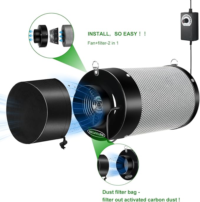 MELONFARM 4 inch Air Carbon Filter Smelliness Control with Australia Virgin Charcoal, Built-in 14cm Fan Low Nois and Speed Controller for Inline Duct Fan, Grow Tent, Vent Cover & Pre-Filter Included - Image 2