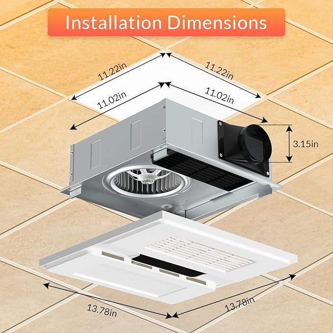 1800W Bathroom Exhaust Fan with Light and Heater, 110 CFM 4-in-1 Ceiling Vent Fan, 1.0 Sone Quiet Operation, 11.2” x 11.2” Ceiling Cutout, 13.8” Grille, 6500K LED Light, Metal Housing - Image 5
