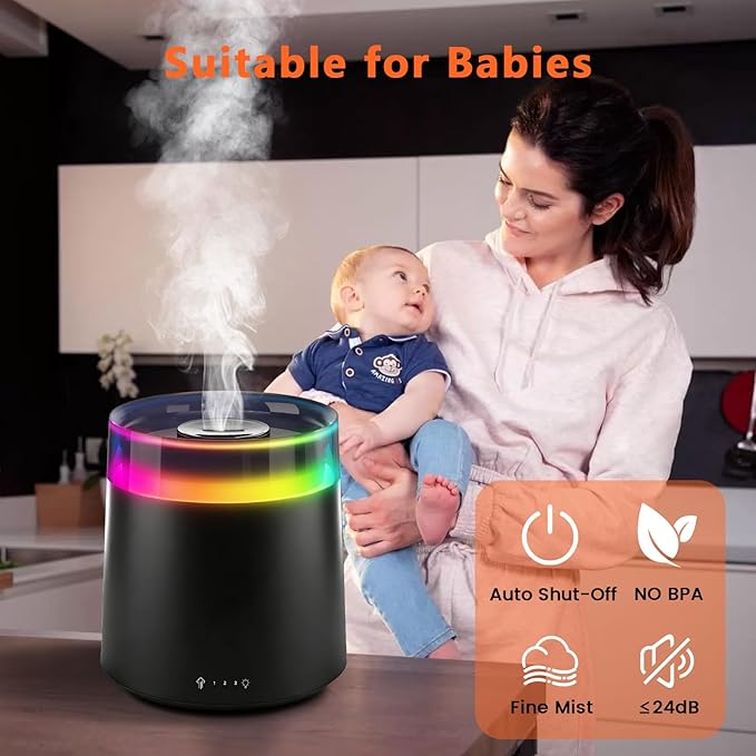 Humidifiers for Bedroom Home,3L Top Fill Cool Mist Humidifier for Baby Nursery,Essential Oil Diffuser for Large Room,3 in 1 uiet Ultrasonic Humidifier for,Office,Plant,Nursery,BPA FREE(Black) - Image 5