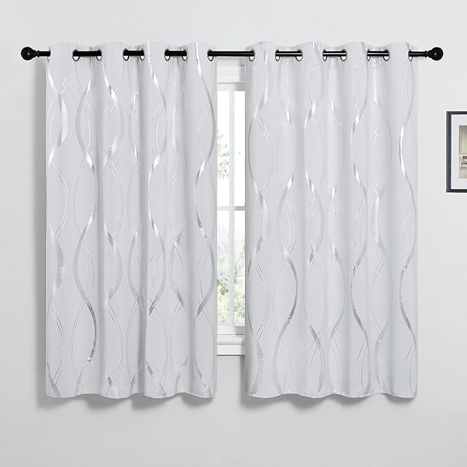 NICETOWN Greyish White Blackout Curtains for Bedroom, Microfiber Noise Reducing Thermal Insulated Wave Line Foil Print Design Blackout Curtains for Office, Classroom (2 Panels, 52 x 45 Inch) - Image 2