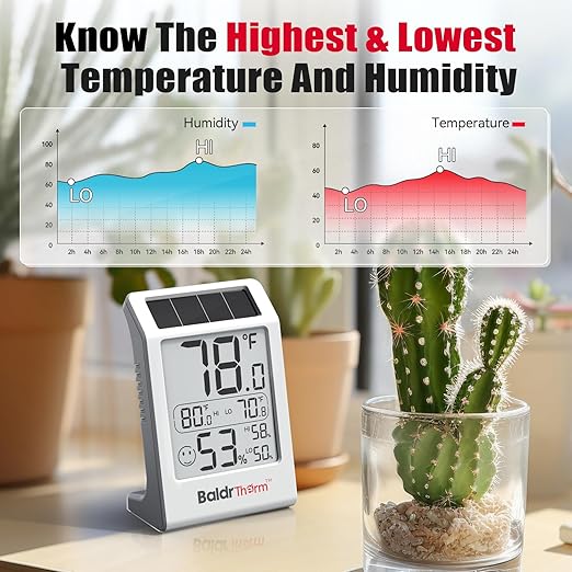 BaldrTherm Room Thermometer Indoor Humidity Meter, Solar-Powered 3.2'' Digital Temperature Sensor Monitor with Max/Min Reading, Comfort Indicator for Baby Room, Home, Office, White, 1Pack - Image 5