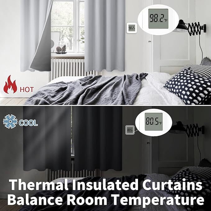 BGment Short 100% Blackout Curtains for Bedroom, Thermal Insulated Energy Efficiency Noise Reducing Grommet Curtains 45 Inch Length with Liner for Small Window 2 Panels Each 52 Inch Wide, Light Grey - Image 4