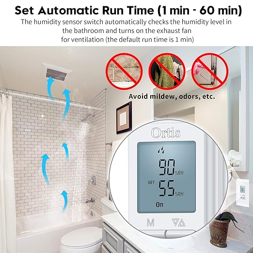 [New Generation] Humidity Sensor Switch, Ortis in-Wall Bathroom Fan Automated Control Switch, Air Moisture Detection, Neutral Wire Required, White, 120V/220V - Image 3