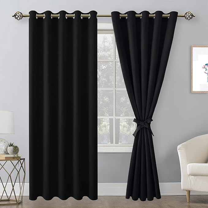 Hiasan Blackout Curtains for Bedroom, 60 x 84 Inches Long - Thermal Insulated & Noise reducing Window Curtains for Living Room, 2 Drape Panels Sewn with Tiebacks, Black - Image 2