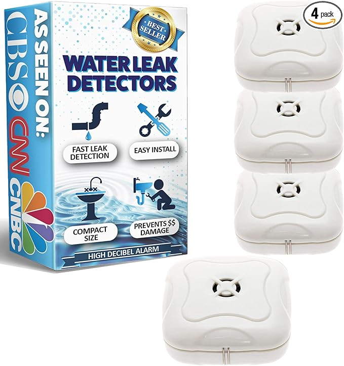 Water Leak Detector - Very Loud Water Sensor Alarm for Home, Flood Detection Alarm Sensor for Sinks, Sump Pumps, Basements, and Laundry Rooms by Mindful Design (White, 4 Pack) by MindfulDesign
