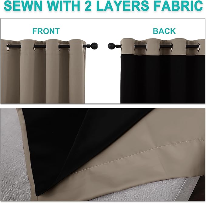 NICETOWN 100% Blackout Short Curtains with Black Liners, 2 Panels, 37" W by 40" L, Taupe, Solid Thermal Insulated Full Blackout 2-Layer Lined Drapes, Energy Efficiency Window Draperies for Bedroom - Image 5