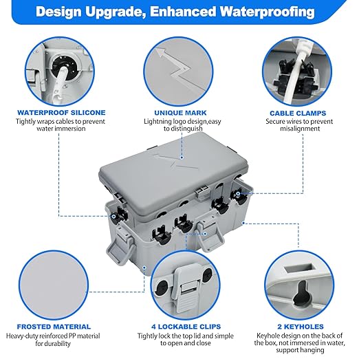 Hrensaw Medium Outdoor Electrical Box(10.6x5.5x4.5inch),IP54 Waterproof Extension Cord Cover w/6 Cable Entry,Weatherproof Connection Box Protect Power Strip,Timer,Plug,Holiday Lights,Grey - Image 3