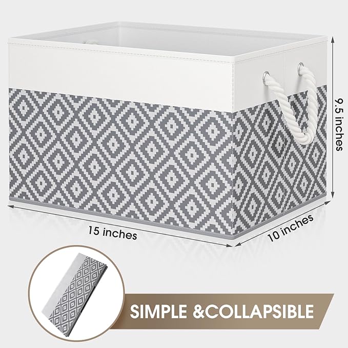 Storage Bins, 2-Pack Large Storage Box with Rope Handles, Collapsible Storage Basket for Organizing Books, Clothes, Rhombic Grey - Image 2