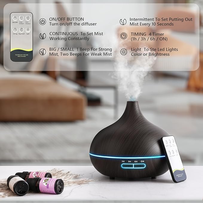 SACATR 550ml Oil Diffuser with 15x10mL Essential Oils, Ultrasonic Technology, Remote Control for Home Office - Image 4