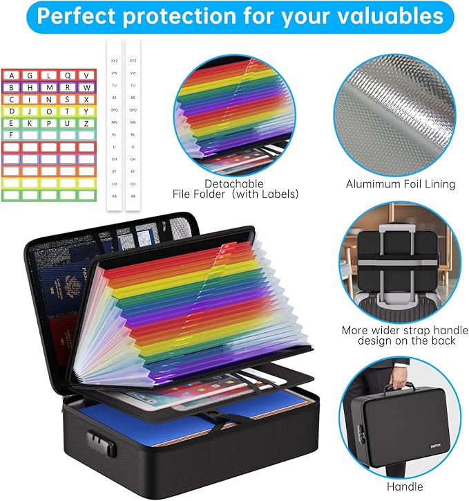ENGPOW 5200℉ Soft Case Fireproof Document Box with Lock,Fireproof Box with 25 Colorful Pocket Accordion File Folder,Fireproof Water Resistant Safe File Organizer Storage for Important Documents - Image 8