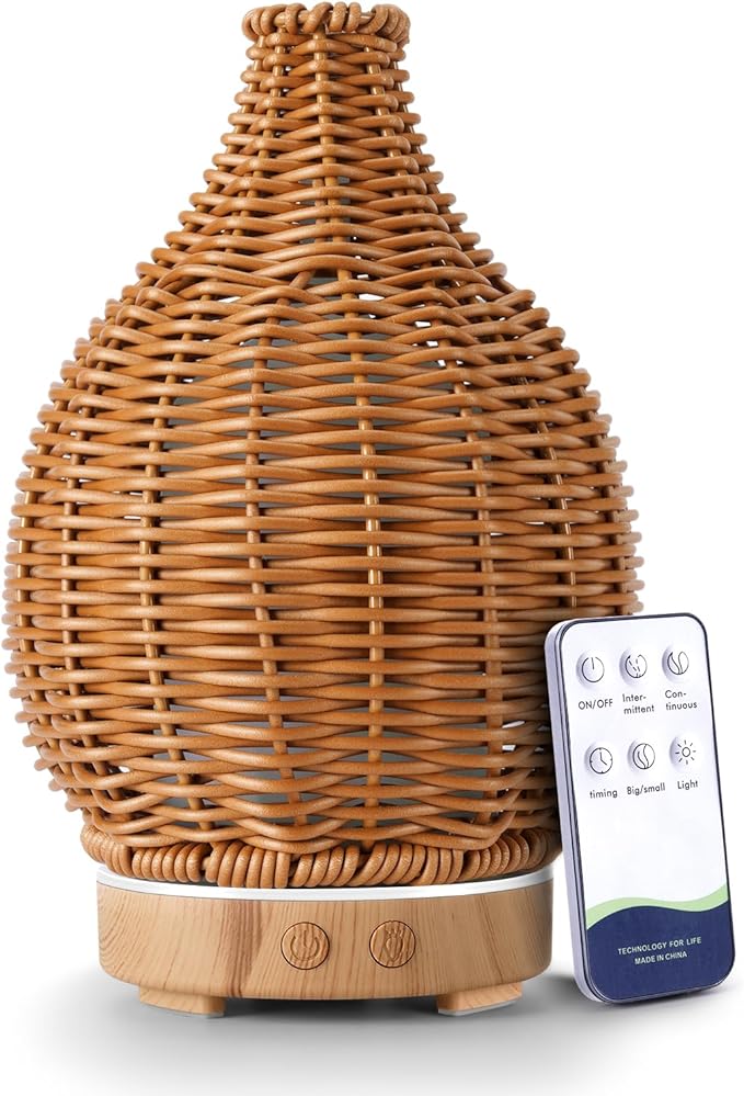 Boho Essential Oil Diffuser for Home Rattan Weaving with Remote Control, 100mL 7 Changing Color Lights Ultrasonic Aroma Humidifier, Noiseless Auto-Off Sleep Mode for Bedroom Office Workout by SENMUL