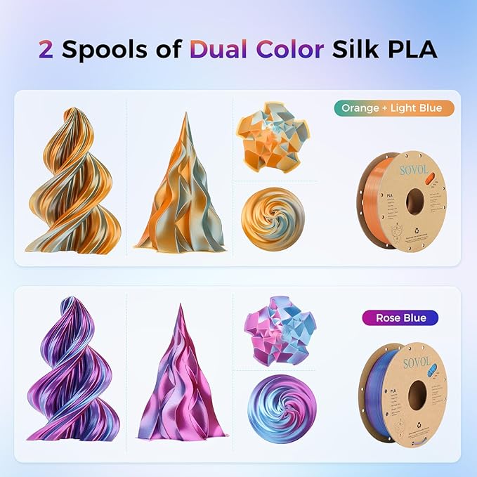 Sovol Silk PLA Filament 6KG Kit, Silk Tri Color & Dual Color Co-Extrusion PLA Materials, Shiny Multicolored Fast Change Rainbow 3D Printer Filament, 1.75mm 1kg/ 2.2lbs +/-0.03mm - Image 4