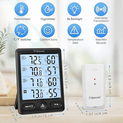 Geevon Indoor Outdoor Thermometer Wireless 3 Remote Sensors, 5-Inch Display Digital Hygrometer Thermometer Temperature Humidity Monitor with 8S Backlight, Battery-Powered (Black) - Image 4