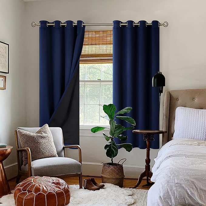 BGment Thermal Insulated 100% Blackout Curtains for Bedroom with Black Liner, Double Layer Full Room Darkening Noise Reducing Grommet Curtain (52 x 63 Inch, Navy Blue, 2 Panels) - Image 2