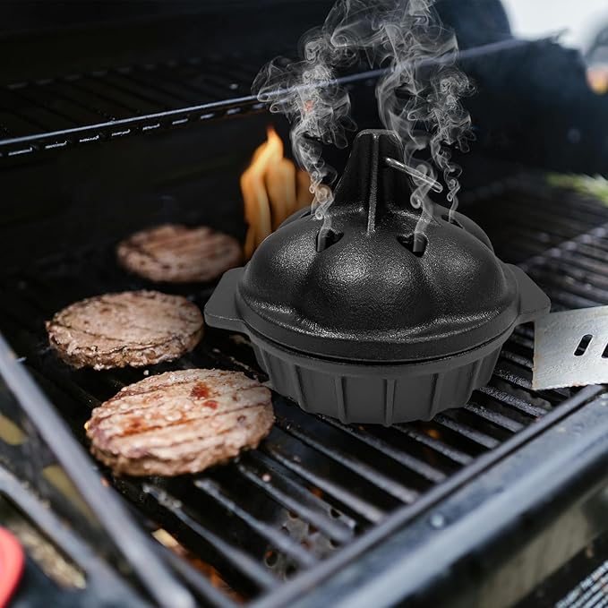 Cast Iron Wood Stove Cooking Bundle, 1.4Qt Steamer/Humidifier + Garlic Roaster with 4 Iron Fish - Dual-Layer Simmer Pot & Smoker Box Set for Vegetables, Meats, and Eco Heating Solutions - Image 8