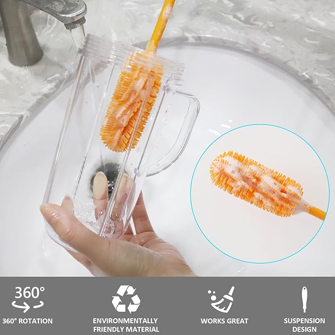 15.7" Silicone Bottle Brush, ddLUCK Water Bottle Cleaner Brush for Stanley, Hydroflasks, Glass, Thermos Sports Bottle, Vase and Glassware, Bottle Brush Cleaner for Narrow Neck Containers (Orange) - Image 3