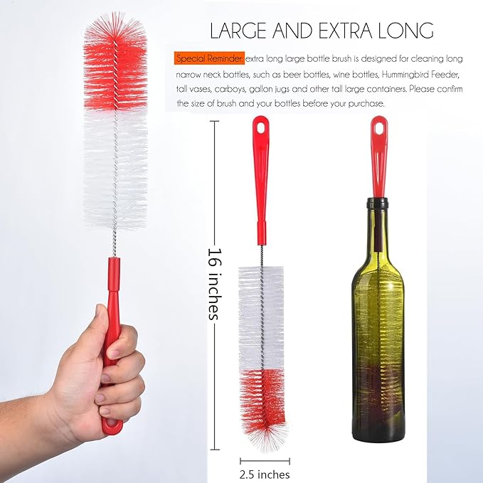 ALINK 3-Pack Long Red Bottle Cleaning Brush for Narrow Neck Beer, Wine, Kombucha, Hydroflask, Thermos, Sport Well, Carafe, Brewing Bottle Cleaner, 16 Inches - Image 2