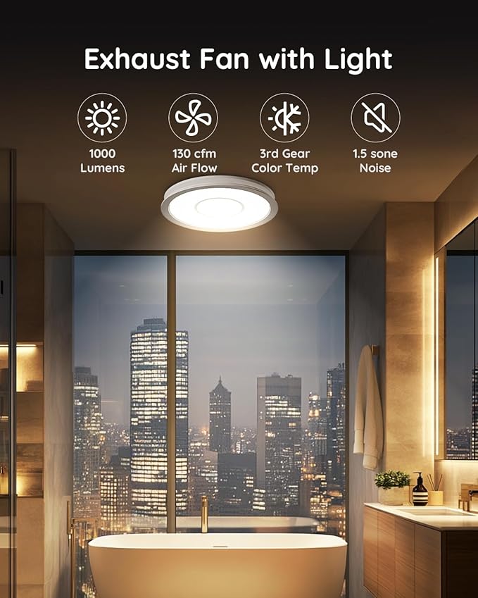 Fitop Bathroom Exhaust Fan with Light, 130 CFM 47W Ceiling Mount Shower Ventilation Exhaust Fan, 1.5 Sones Bathroom Vent Fan with Light, 1100LM LED Light 3000K/4000K/5000K (Silver) - Image 8