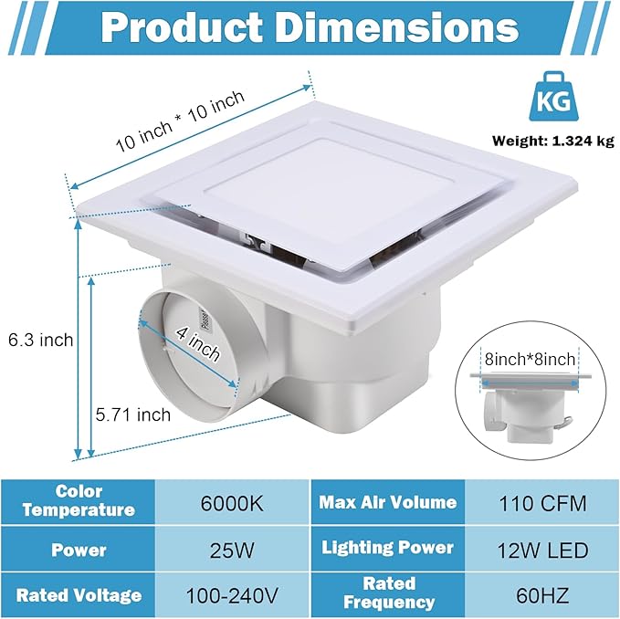 FEITON Square Bathroom Exhaust Fan with LED Light, 110 CFM 30W 4 Inch Duct, 110-220V 1.0 Sones Quiet Bathroom Ventilation Fan Light Combo Ceiling Mount - Image 5