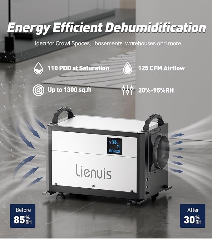 110 Pints Commercial Dehumidifiers for Crawl Spaces & Basement,Under House,Warehouse & Job Sites, Crawl Space Dehumidifier with Drain Hose, Remote Control, Auto Defrost, Humidity Control, CSA Listed - Image 3