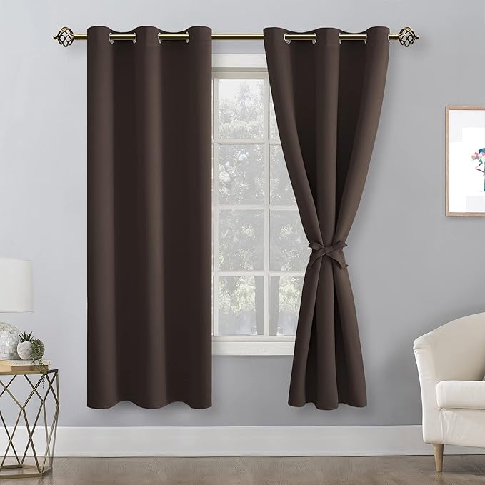 Hiasan Blackout Curtains for Bedroom, 38 x 63 Inches Length - Thermal Insulated & Light Blocking Window Curtains for Living Room, 2 Drape Panels Sewn with Tiebacks, Brown - Image 2