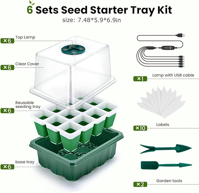 6 Packs Seed Starter Tray with Grow Lights, 72 Cells Silicone Seed Starter Kits with Humidity Dome, 3 Lights for Seed Starting, 4 Timing Set, 8 Full Spectrum Germination Kit for Plant Seeds - Image 8