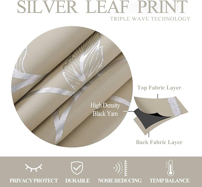BUHUA Flower Print Blackout Curtains Thermal Insulated Window Curtains Silver Elegant Vine Pattern for Baby Room Beige 38W by 63L 2 Panels - Image 6