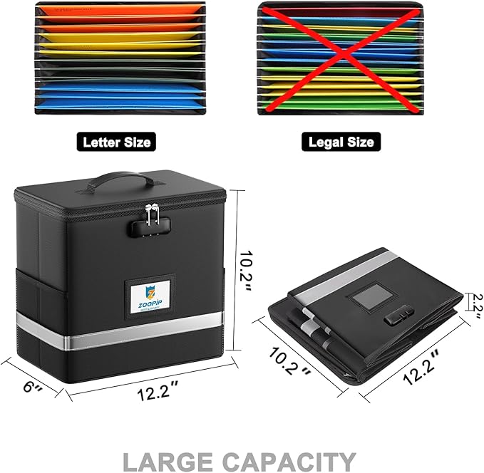 Fireproof File Box with Lock, Document Box Storage Organizer, Suitable for Hanging File Folders in Letter Size, Collapsible File Box, Reflective Strip for Fast Find (12.2"*6"*10.2, Black) - Image 4