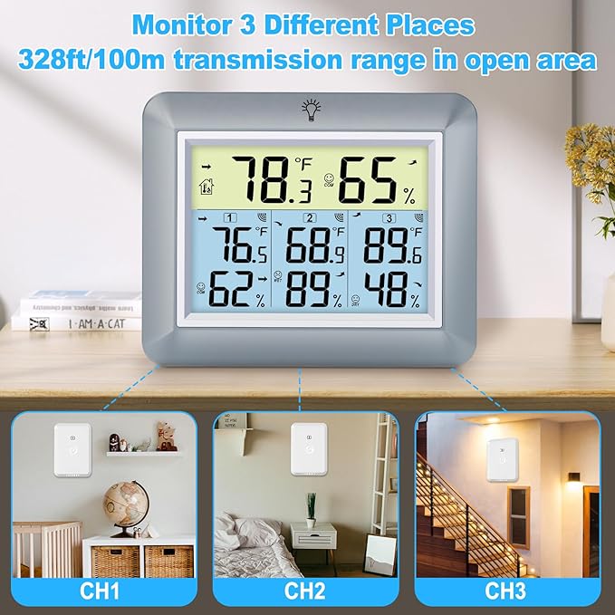 Urageuxy Weather Station Wireless Indoor Outdoor Thermometer with 3 Sensors, Remote Temperature Monitor with Humidity for Home, Baby Nursery, Room, Attic, Patio, Grey - Image 4