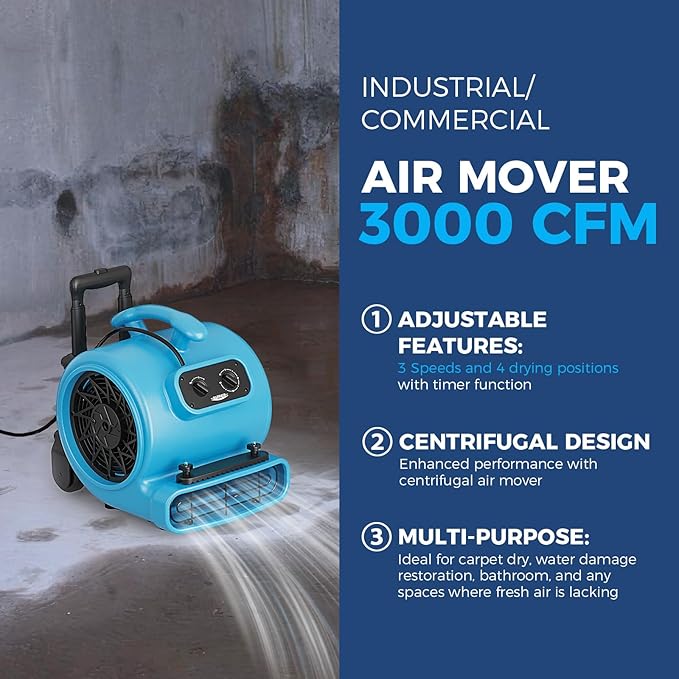 ALORAIR 3000 CFM Air Mover Blower Fan for Industrial, Floor Drying Fan, Carpet Dryer - Timer, Handle Wheelkit, Carpet Buckles, Stackable, for Water Damage Restoration and Plumbing - GE3000HTC - Image 3