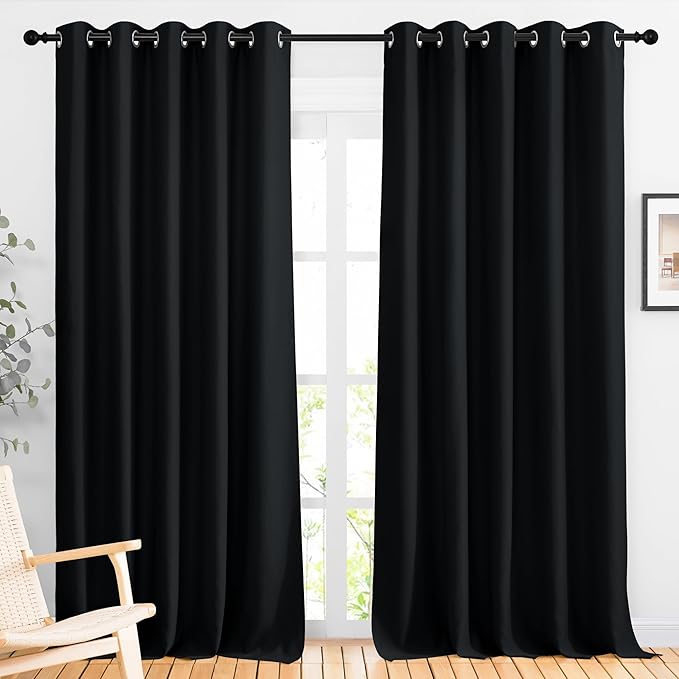 NICETOWN Blackout Curtains Panels for Living Room, 2 Panels, 66 x 92 Inch, Black, 3 Pass Microfiber Noise Reducing Thermal Insulated Solid Ring Top Blackout Window Drapes by NICETOWN