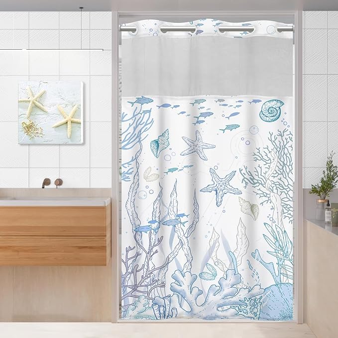 Small Stall No Hook Shower Curtain with Snap in Liner, Beach Ocean Nautical Coastal Shower Curtains and Liner Set for Bathroom, Seashell Bath Curtain, Waterproof Washable, Blue 36" x 74" by TWLSNCD