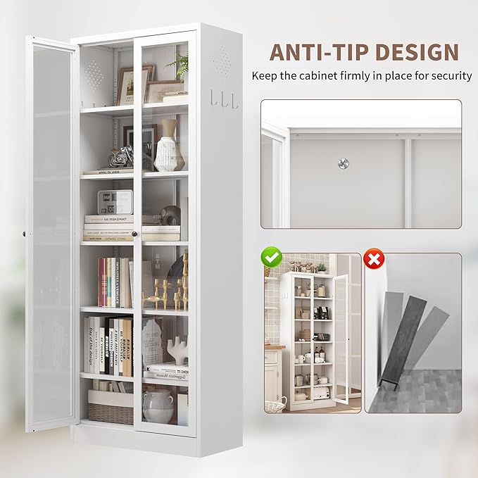 Kitchen Pantry Storage Cabinets with Glass Doors and 5 Adjustable Shelves, 72" Tall Kitchen Cupboard Metal Pantry Cabinet for Home Office Living Dining Room, Assembly Required (White) - Image 6
